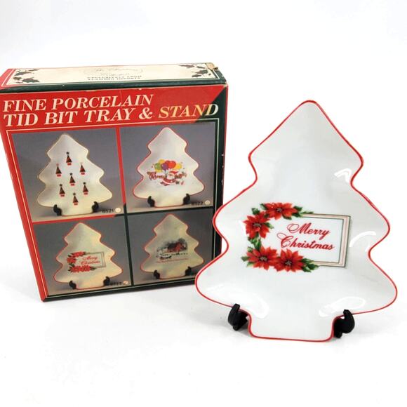 Vintage 50s Christmas Tree Porcelain Dish & Stand Candy Nut Tid Bit Tray  JAPAN - Picture 1 of 6